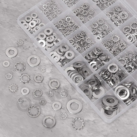 Swpeet stainless steel lock washer set in organizer; 400 pcs SAE #6–#10; external and internal tooth washers.