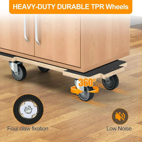 Heavy Duty Moving Dolly With 551 Lb Capacity Per Unit showing three inch silent TPR wheels and 11 layer plywood base under furniture