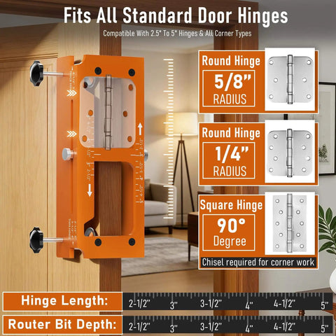 Door Hinge Jig Kit For Hinge Mortising And Door Installation, Pro Grade Aluminum Template For 2.5 To 5 Inch Doors, showing settings and measurements.