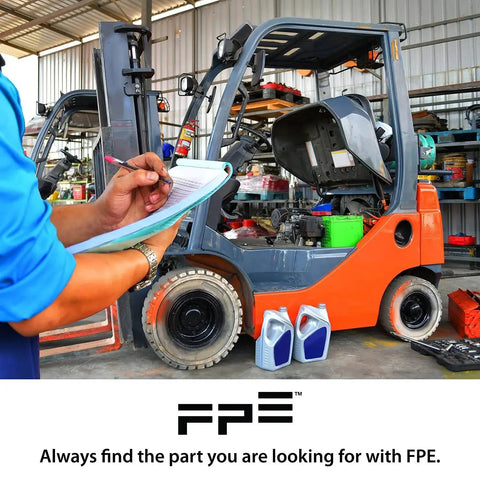 Mechanic inspecting forklift with open hood and tools in warehouse setting, highlighting Forklift Fork Pin Kit For Clark 1810138 Aftermarket New.
