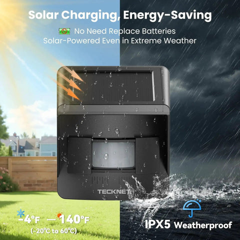 Solar Wireless Driveway Alarm System With 2600 Ft Range 36 Melodies Five Volume Levels Weatherproof Motion Sensor showcasing solar panel and rain resistance