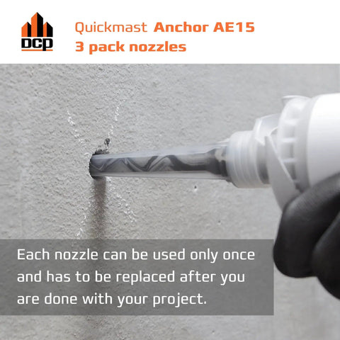3 Pack Replacement Nozzles For Quickmast Anchor AE15 Concrete Epoxy Anchor System in use against concrete wall.