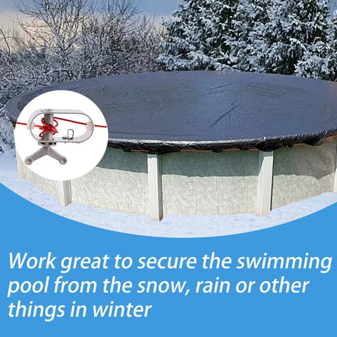 Easy To Install Pool Cover Cable And Winch Kit For Above Ground Pools, 100 Feet Of Heavy Duty Cable with a pool view in winter