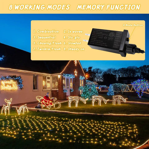 24V Low Voltage LED Transformer With 3.6W Output IP44 Waterproof LED Driver No Fuss US Plug Class 2 Power Supply 8 Modes With Memory with Christmas lighting display and house exterior.