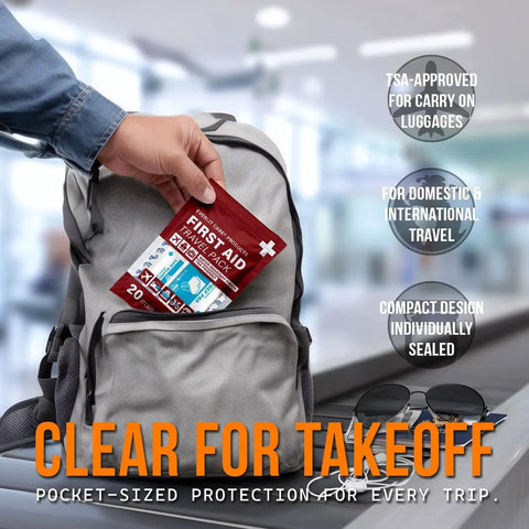 Person placing Everlit Care Travel Bandage Pack with 12 individual packets into backpack, showcasing portability and travel readiness.