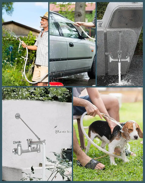 Collage displaying uses of Commercial Mop Sink Faucet With Vacuum Breaker, Wall Mount Utility Sink Faucet, 8 Inch Adjustable Center.