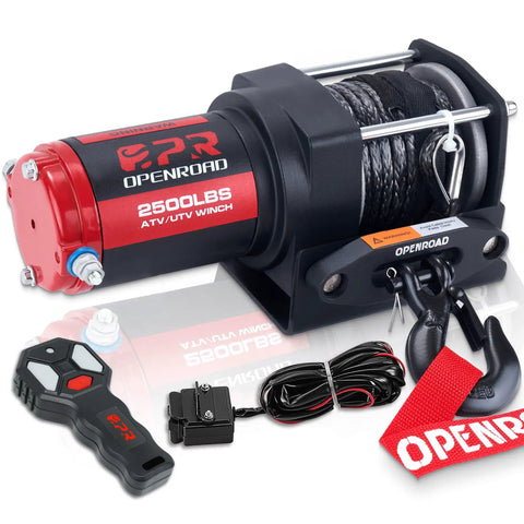 Beefed Up Heavy Duty 2500 Lb 12V ATV UTV Winch With Waterproof Electric Motor showing winch, synthetic rope, wireless remote.