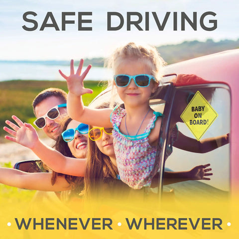 Family in a car with a Baby On Board Car Sign 2 Pack 5x5 Inch Bright Yellow See Through When Reversing Durable Adhesive Non Magnetic Safety Sticker.