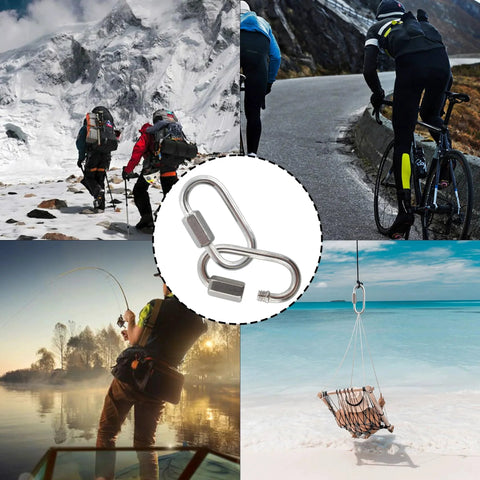Six Pack Carbon Steel Chain Quick Links with M3 Quick Locking Carabiner shown with outdoor activities: hiking, cycling, fishing, and hammock setup.