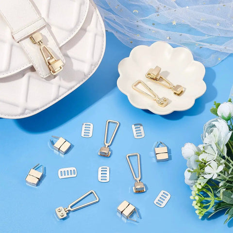 Golden Triangle Turn Lock Clasp Set for Purses and Handbags 2.1 Inch 6 Pack Twist Lock Closures on display with white purse