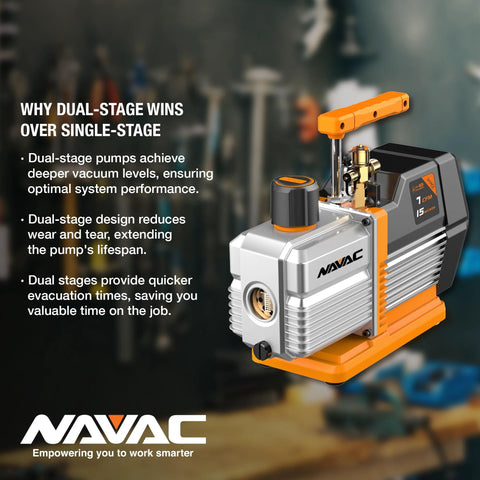 Navac NP7DP2 HVAC vacuum pump, dual-stage, 7 CFM, orange base and handle