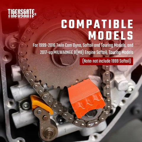 Close-up of TIGERSGATE double-headed cam/crank locking tool on Harley Twin Cam engine; orange locking piece and chain