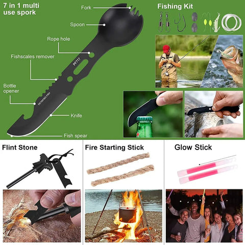 216 Pcs Survival First Aid Kit with Pro Gear Essentials, showing 7-in-1 multi-tool, fishing kit, fire starting stick, glow stick.