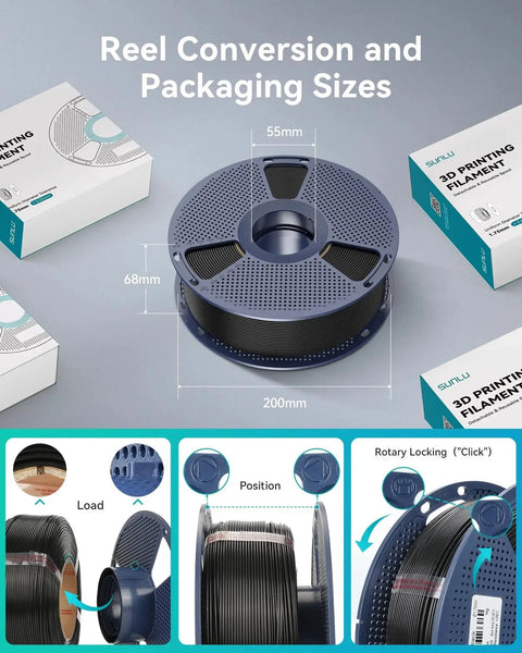 PETG Filament 1.75mm 1kg Black With Excellent Layer Adhesion And Low Stringing reel and packaging design with dimensions.
