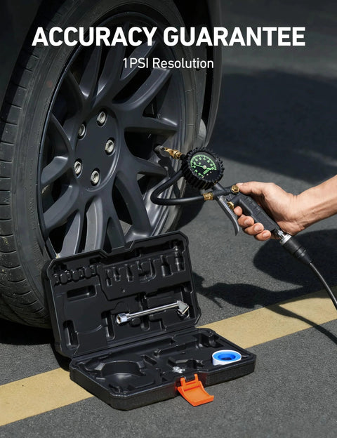 Tire Pressure Gauge With Inflator For Car And Truck, 0-100 PSI Accurate Within 1 PSI, ANSI B40.1 Certified in use on car tire