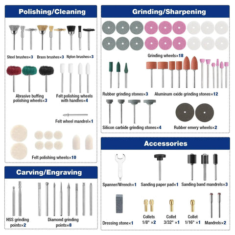All In One 698 Piece Rotary Tool Accessories Kit with polishing, grinding, carving, and sharpening tools displayed in sections
