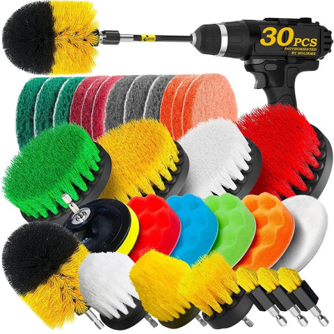 30 Piece Drill Brush Set With Scrub Pads And Sponges For Grout Tiles displayed with drill attachment