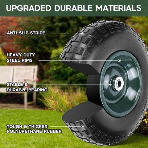 Close-up side view of Two Pack 13 Inch 4.00-6 Airless Rubber Wheel Set With 5/8 Inch And 3/4 Inch Bearings Flat Free Replacement Tires.
