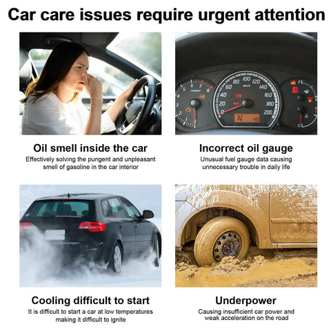 Image showing car care issues: oil smell inside the car, incorrect oil gauge, cooling difficulty, and underpowered vehicle.