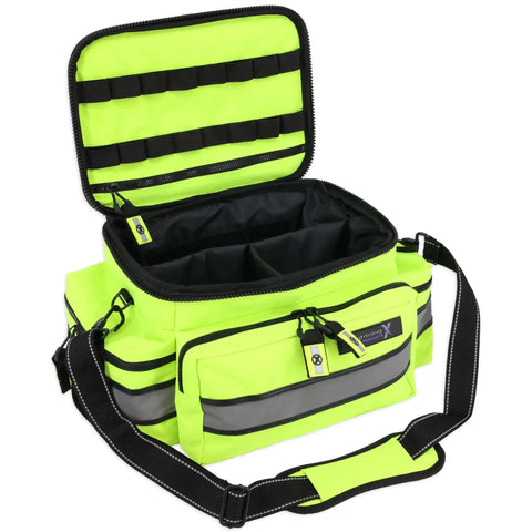 Open Mid Sized First Responder EMT Kit With 200 Plus BLS Supplies In Fluorescent Yellow Bag For EMS Use And Real World Field Response Ready To Roll Lightning X LXMB25 Fully Stocked Aid Kit