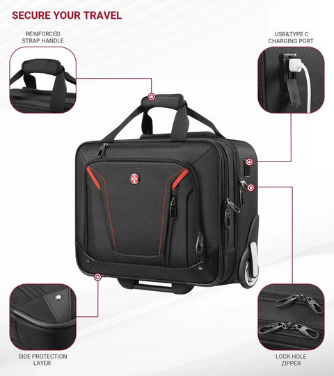 Rigid Frame Rolling Laptop Bag With USB Ports And Wheels For Pro On The Go Travel, water resistant, fits 18 inch laptops