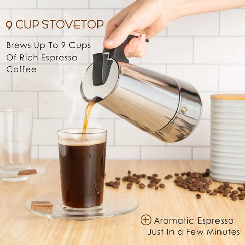 Pouring coffee from a Stovetop Espresso Maker 9 Cup Moka Pot In Stainless Steel 450ml 15oz Easy Brew For Camping Or Home Use Italian Style Coffee Percolator