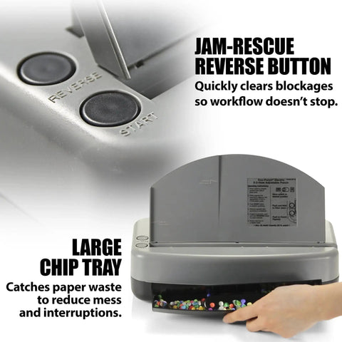 Electric Desktop 2 To 3 Hole Punch With 30 Sheet Capacity showing reverse button and large chip tray in gray and black finish