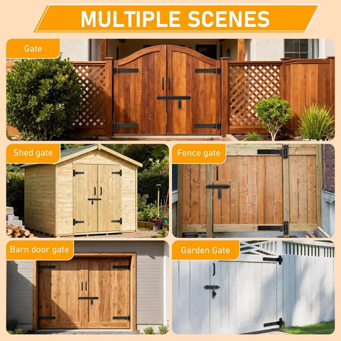 Collage of wooden and metal gates with 900 Lb Capacity Gate Hinge with Built In Ball Bearings for various outdoor uses.