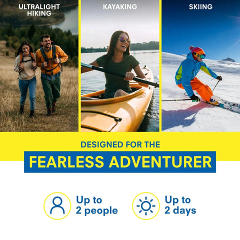 Collage of outdoor activities: hiking, kayaking, and skiing, highlighting the Ultralight Watertight First Aid Kit For Up To 2 People And 2 Days.