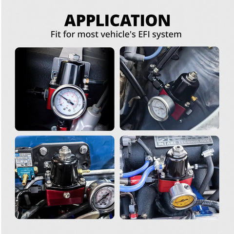 EVIL ENERGY fuel pressure regulator with red base and black cap, 6AN EFI bypass return, engine bay view