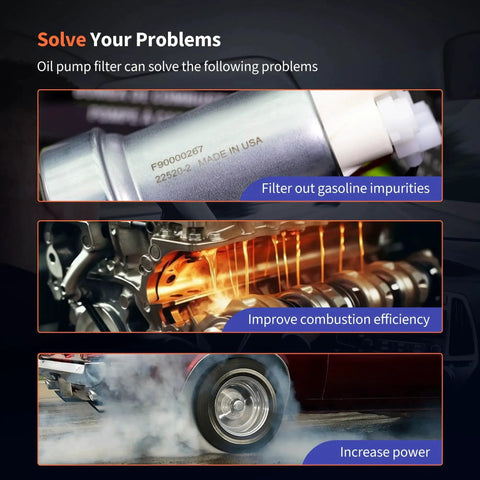 Image showcasing oil pump filter benefits: filtering gasoline impurities, improving combustion efficiency, and increasing power.