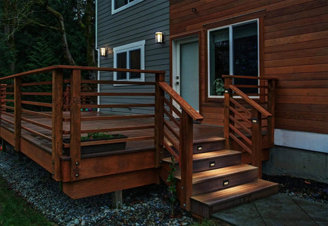 Six Pack Slim Square Low Voltage Deck Post Lights For Posts And Steps installed on outdoor steps, black finish, warm white glow