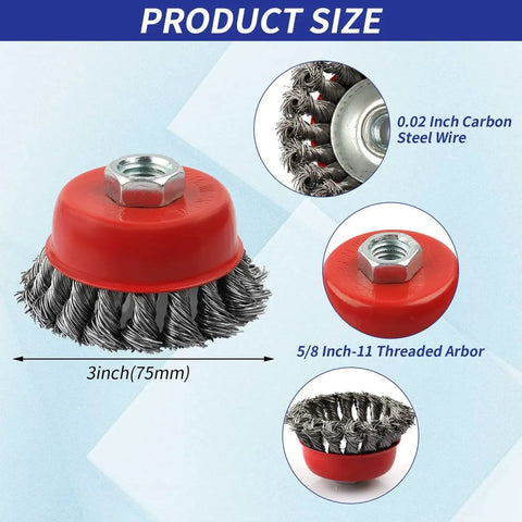 Close-up of Three Pack 4 Inch Wire Wheel Brush for Angle Grinders with 5/8 Inch Arbor Carbon Steel Wire 0.02 Inch for surface prep.