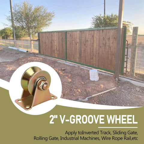 Heavy Duty 2 Inch V Groove Caster Wheels Set For Industrial Machines With Smooth Rolling And Double Bearings For Sliding Gates shown with wood gate
