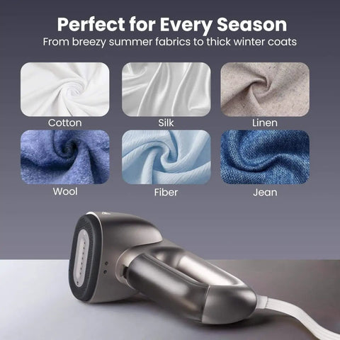 Magic 1 Vacuum Steamer For Clothes With 2300Pa Fabric Grip shown with fabric types like cotton, silk, linen, wool, fiber, and jean.