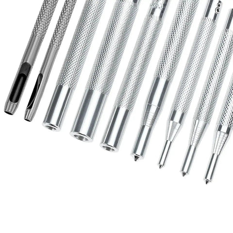 Heavy Duty Hole Punch Set 11 Piece Carbon Steel Punch And Rivet Tool Kit with round die punches 2.5mm to 15mm close-up view