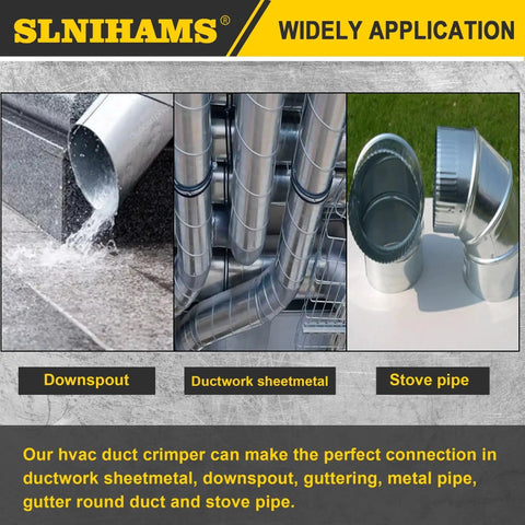 Image showing applications of a Five Blade Hand Crimper For Sheet Metal Ductwork and Stove Pipe Built Tough For 24 To 28 Gauge Ducts Downspouts And Gutter End Caps Ten Point Five Inch Crimping Tool Ideal For HVAC Projects, including downspout, ductwork sheetmetal, and stove pipe pieces.
