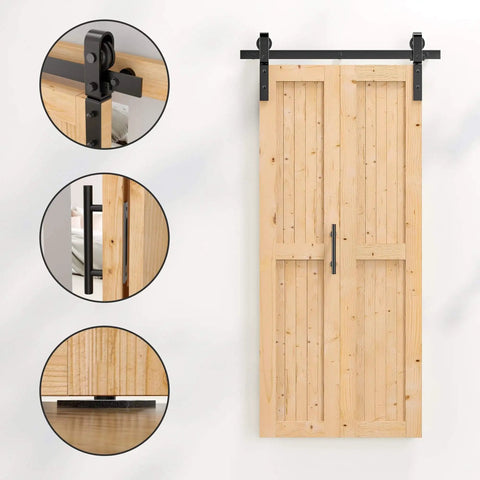 Bi-Fold Barn Door Set 48 By 84 Inches With 52 Inch Bifold Hardware Kit For Two Doors No Assembly No Fuss Setup Solid Spruce Wood Folding Doors And Double Sided Handle Pulls Included, displayed with focus on hardware details.