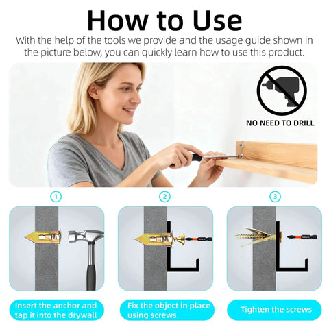 Woman using 430 Piece Self Drilling Drywall Anchors And Screws Kit to mount shelf without drilling, step-by-step guide shown.