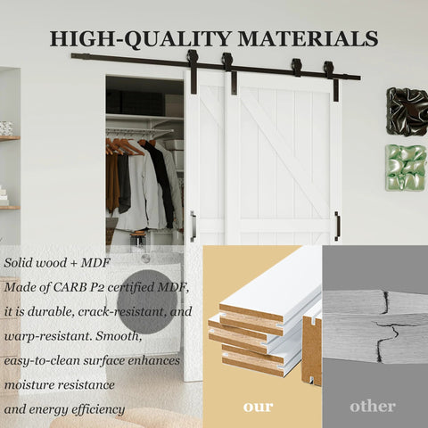 Space Saving Sliding Barn Door With Bypass Hardware Kit, 72 Inch By 84 Inch installed in a bedroom with white MDF panels.
