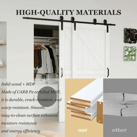 Space Saving Bypass Barn Door Kit 60 By 84 Inch With 6 Foot Hardware For Single Track Doors On Double K Frame Doors MDF White DIY Painted Finish Easy To Install shown in modern interior, highlighting smooth MDF material and dual door setup.