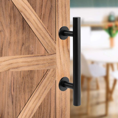 12 Inch Beefy Heavy Duty Sliding Barn Door Pull Handle Set With Two-Side Flush Design, Round Black Finish on wooden door