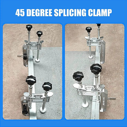 45 Degree Stone Mitre Clamp For Countertop Seam Splicing shown installed on stone surface with metal clamps
