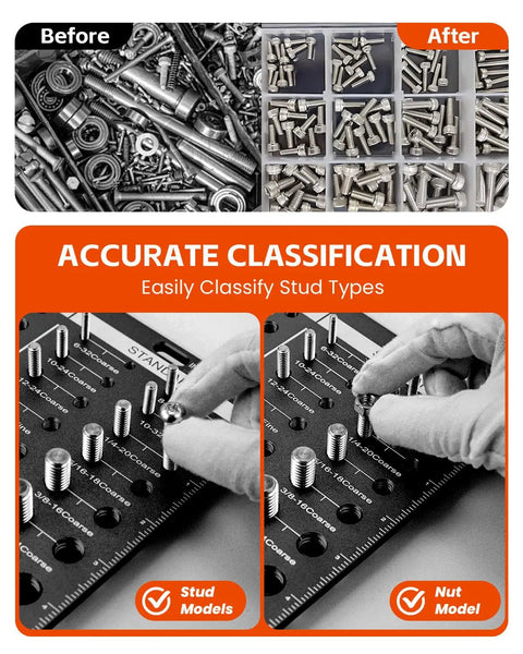 Before and after comparison of disorganized bolts and organized bolt size finder, showcasing classification efficiency.