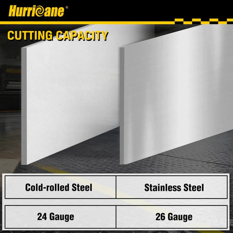 Hurricane cutting capacity sheet showing cold-rolled and stainless steel with 24 and 26 gauge specifications.
