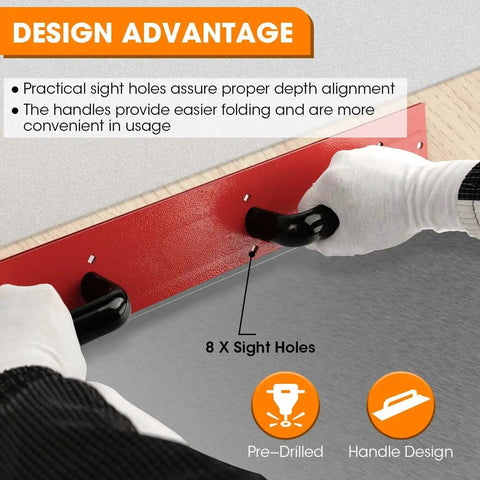 Heavy Duty 24 Inch 16 Gauge Steel Sheet Metal Folding Tool With Grips, red finish, used for HVAC ductwork, showing sight holes.