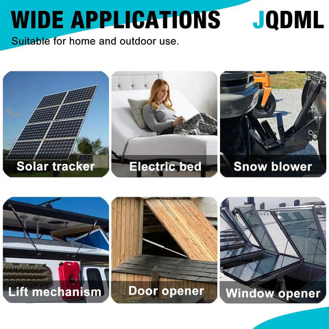 Applications of Six Inch High Speed Linear Actuator with Waterproof IP65, including solar tracker, electric bed, and door opener.