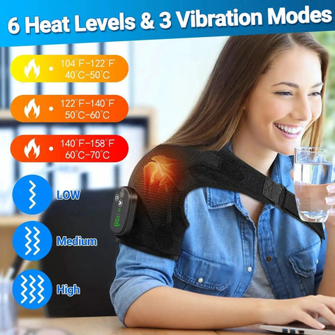 Woman using Cordless Shoulder Heating Pad With Massager Portable Upper Back And Shoulder Warmer With 6 Heat Levels and 3 Vibration Modes
