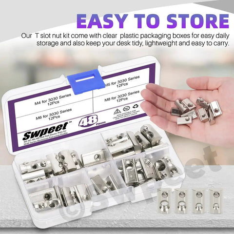 Must Have 3030 Series Roll In Spring T Nuts Kit 48 Pieces Carbon Steel Nickel Plated M4 M5 M6 M8 T Slot Nuts in storage case