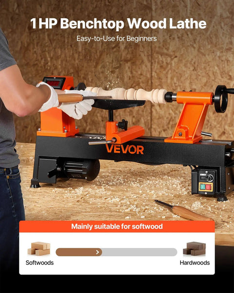 Person using Benchtop Wood Lathe With 1 HP Motor, Variable Speed 150 To 3800 RPM, 12 By 18 Inch Work Area, Cast Iron Frame, Brushless DC Motor